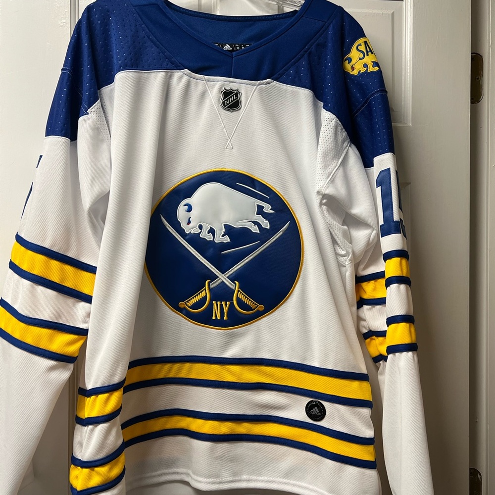 NHL Buffalo Sabres White and Blue Jersey with Black and Silver Emblem